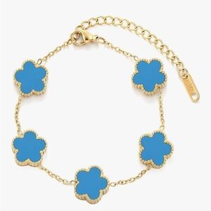 18K Gold Blue Clover Charm Bracelet Van Cleef Style Dainty Alhambra Chain Luxury